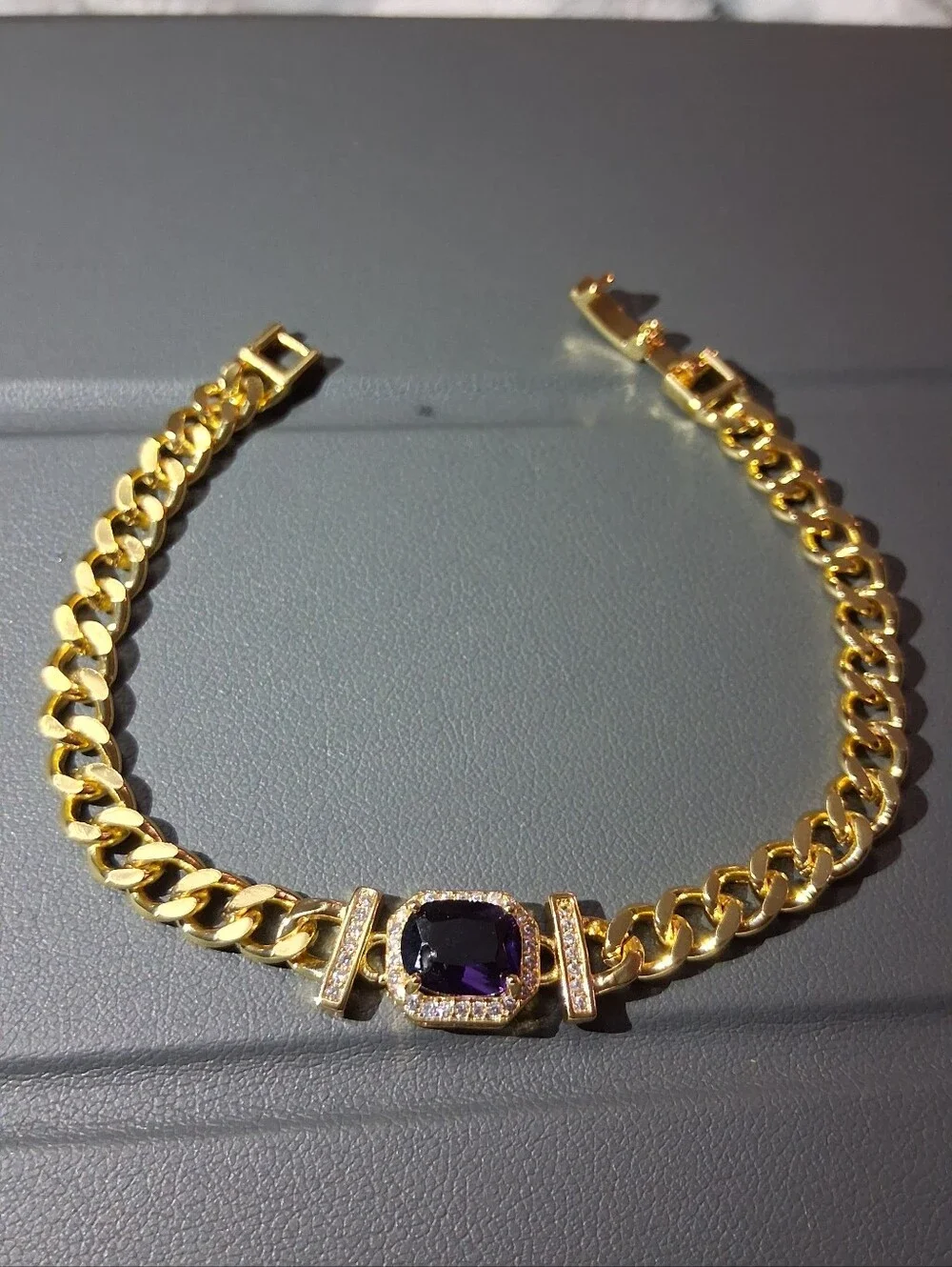 Gold Chain Bracelet with Purple Stone and Pavé Accents